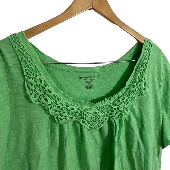 Woman Within Mint Green Top 1X 22 24 Lace Crochet Ruffle Neckline Short Sleeves - Picture 2 of 4